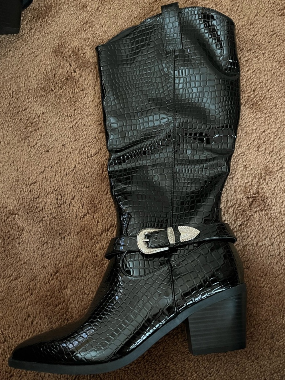 Black Croc-Embossed Mid-Calf Western Boot with Silver Buckle